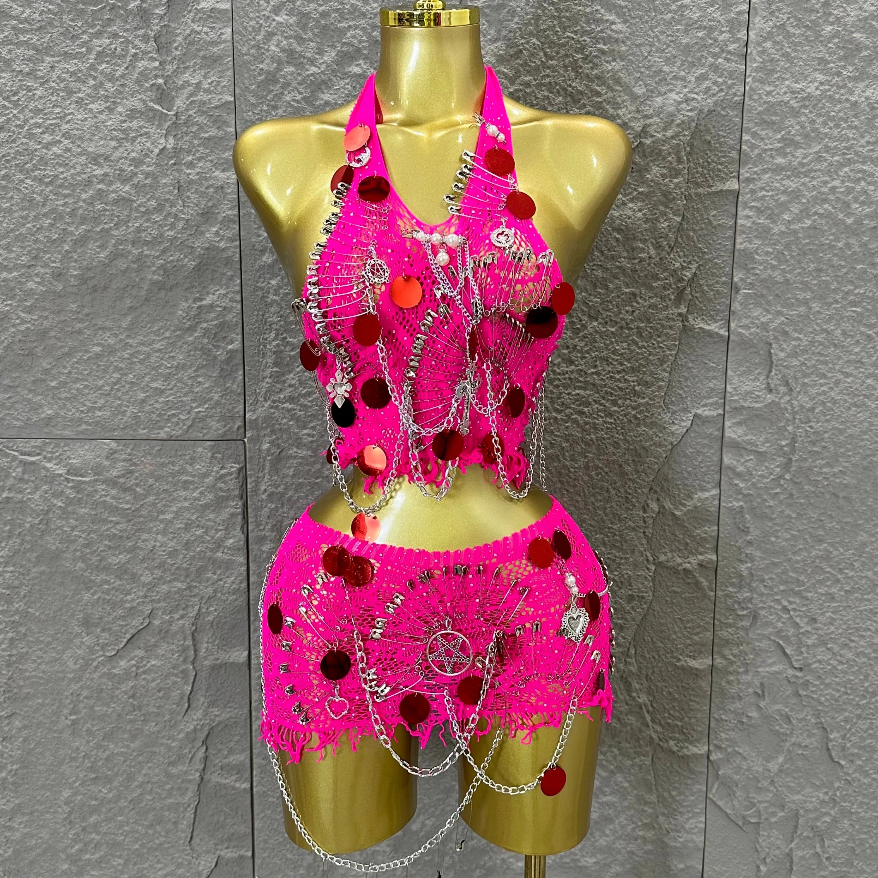 Women Sexy Safety Pin Lace Two Piece Set Halter Neck Sequin Embellished Crop Top & Mini Skirt Outfit Stage Performance Costume