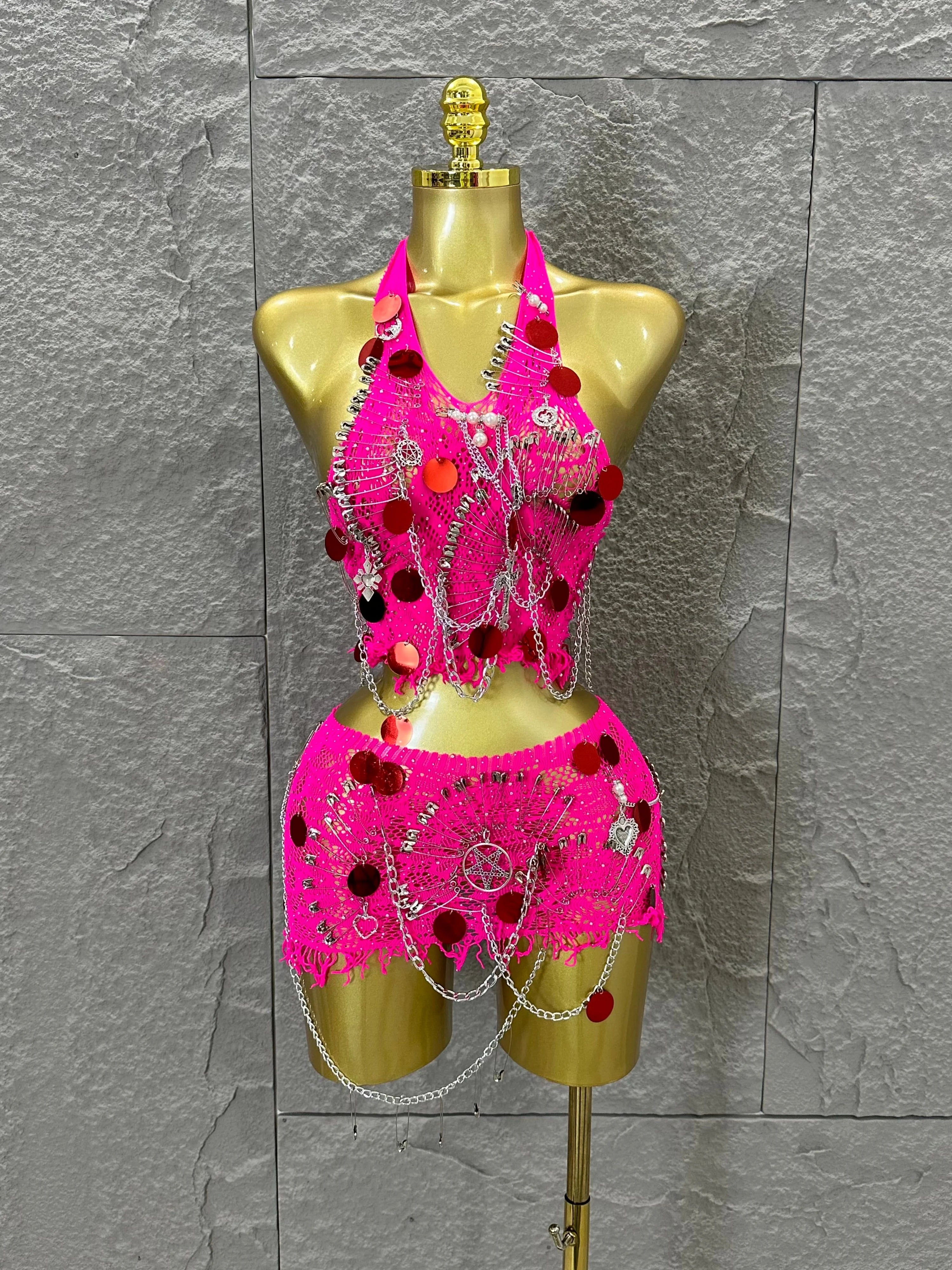 Women Sexy Safety Pin Lace Two Piece Set Halter Neck Sequin Embellished Crop Top & Mini Skirt Outfit Stage Performance Costume