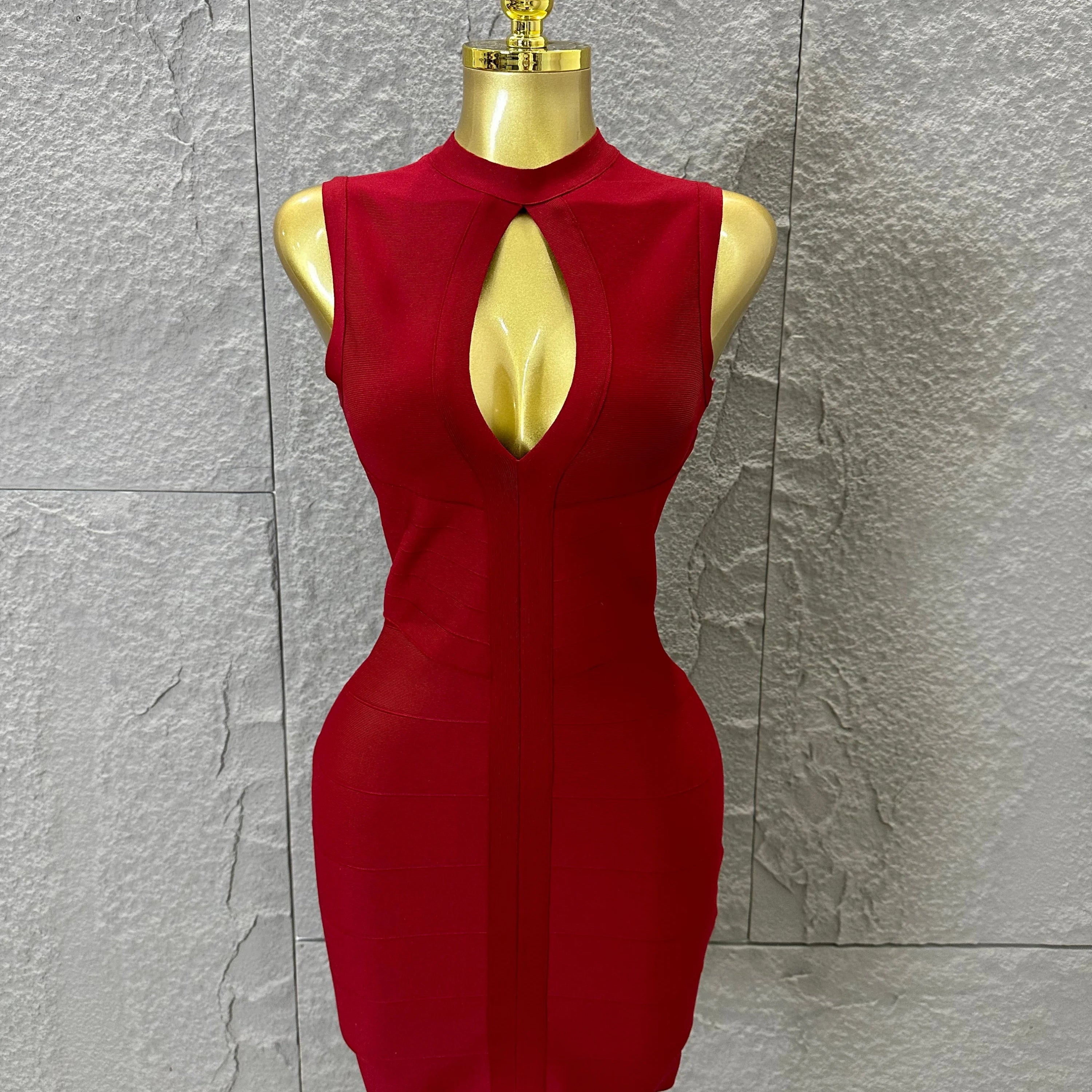 Sexy Sleeveless Keyhole Cutout Bandage Form-Fitting Outfit Evening Gala Party Fashion Celebrate Birthday Party Dress Vestido Burgundy