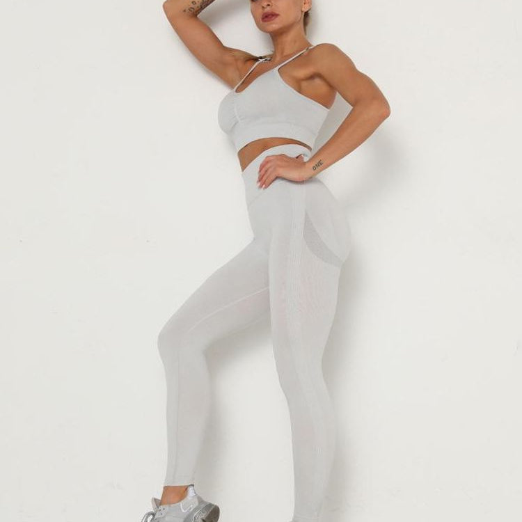 Women's Sets Skinny Tracksuit Breathable Bra Long Sleeve Top Seamless Outfits High Waist Push Up Leggings Gym Clothes Sport Suit Bra Set Light Grey