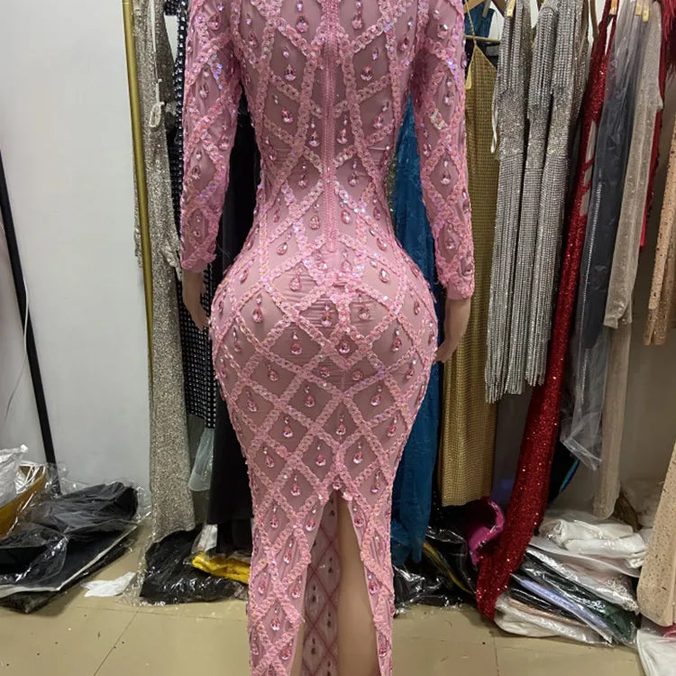 Pink Color Women Long Sleeve Sexy Mesh Big Crystal Bodycon Long Dress Celebrate Birthday Bar Singer Performance Costume Wear