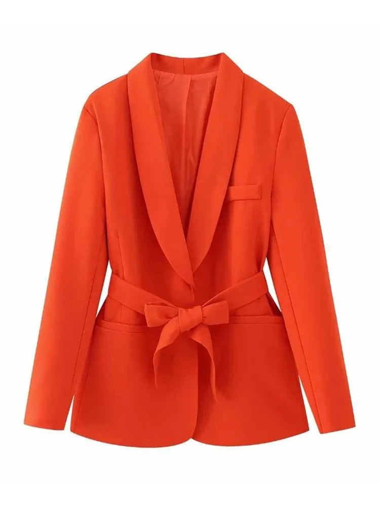 TRAFZA Women's Casual Blazer Chic Outerwear Elegant Flared Trousers Long Sleeve V-Neck Belted Office Commuter Suit Set Orange Top-O58