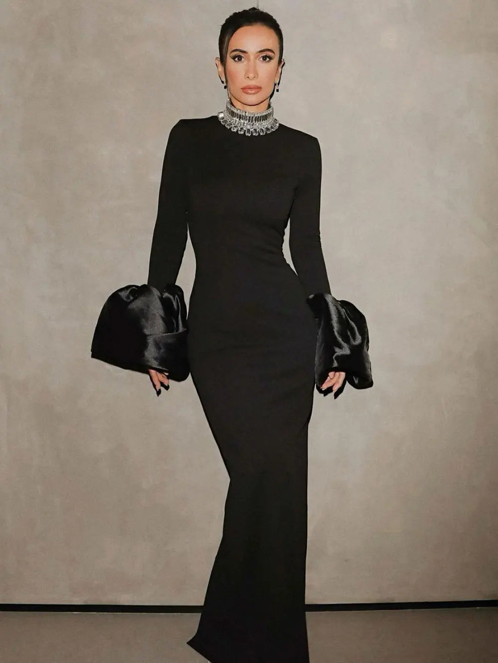 2024 Women's Light Luxury Beaded Elegant Bandage Dress Stand Collar Horn Sleeve Bodycon Long Dresses Evening Club Party Vestidos