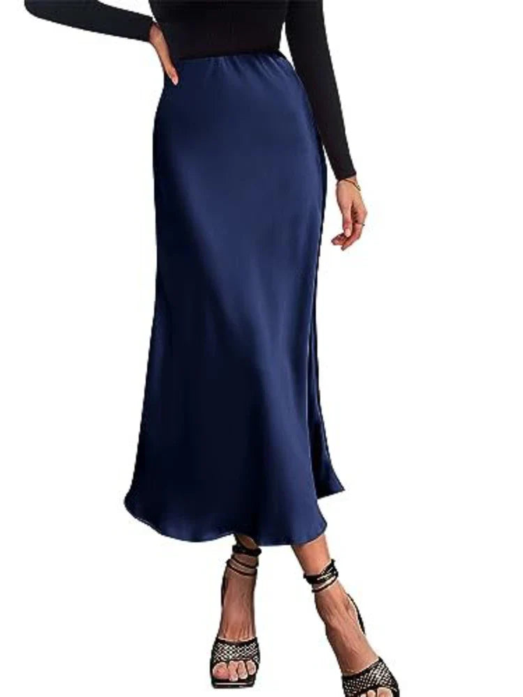 Women Satin Silk Skirts Summer Spring Korean Fashion Clothing Office Ladies Long Skirt Elegant Black Maxi Skirts for Women Navy