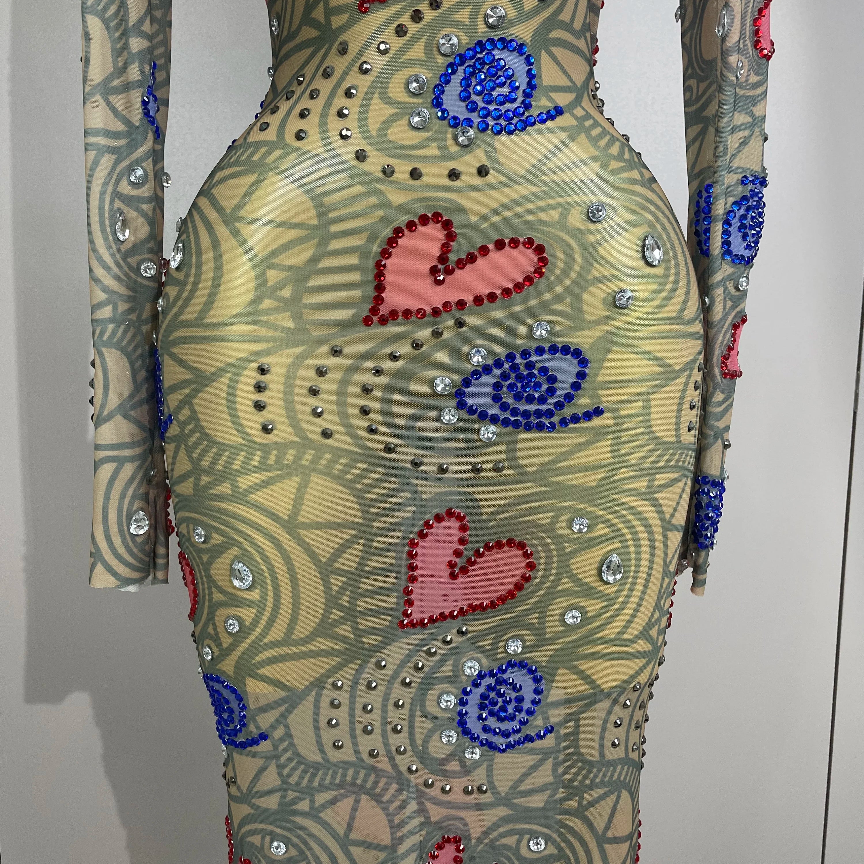 2025 New Sparkly Diamond High Neck Sexy Mesh Wrap Hip Long Dress Host Annual Meeting Party Nightclub Bar Performance Costume