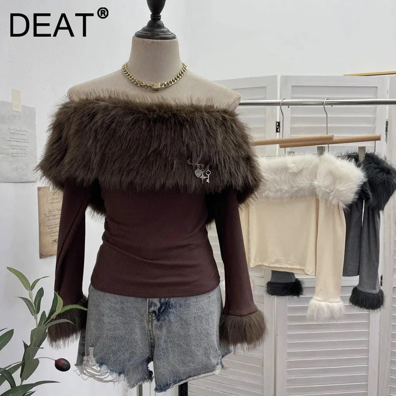 DEAT 2026 Spring New Fashion Off-Shoulder Furry Patchwork Long Sleeve Base Shirt For Women Slim Fit Decorative T-Shirt 11A07919