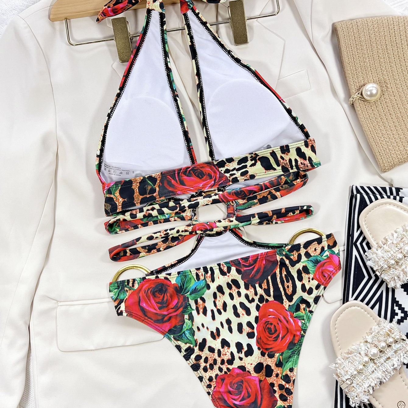 Sexy One Piece Swimsuit Swimwear - Leopard Hollow Deep V-neck Halter Bathing Suit Beachwear Big Metal Ring Bikini