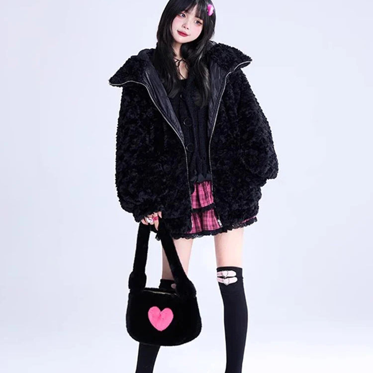 Autumn Winter Sweet Cute Lovely Warm Thick Soft Black Faux Fur Coat Women Bunny Ears Fuzzy Fluffy Jacket Hoodie 2023