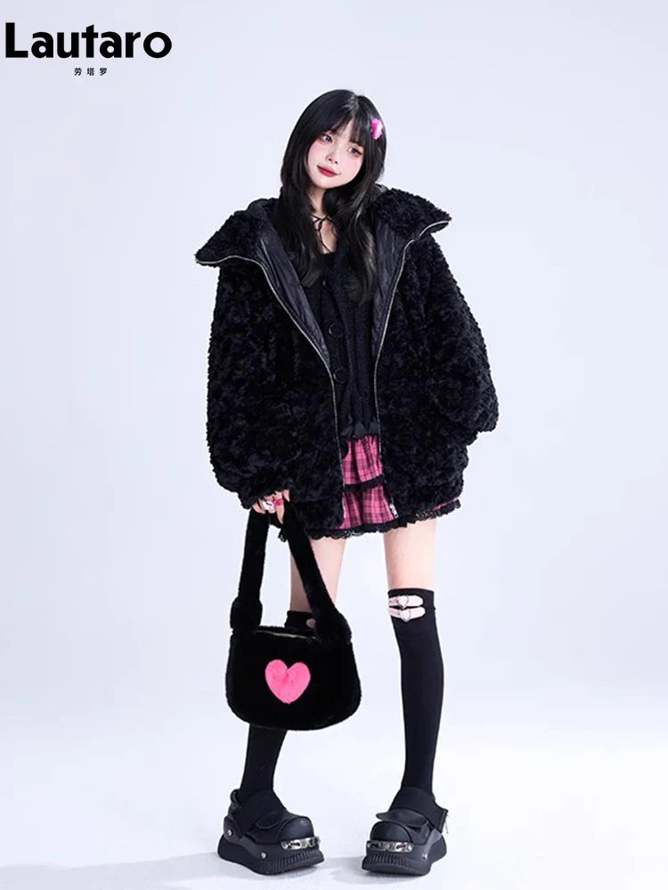 Autumn Winter Sweet Cute Lovely Warm Thick Soft Black Faux Fur Coat Women Bunny Ears Fuzzy Fluffy Jacket Hoodie 2023