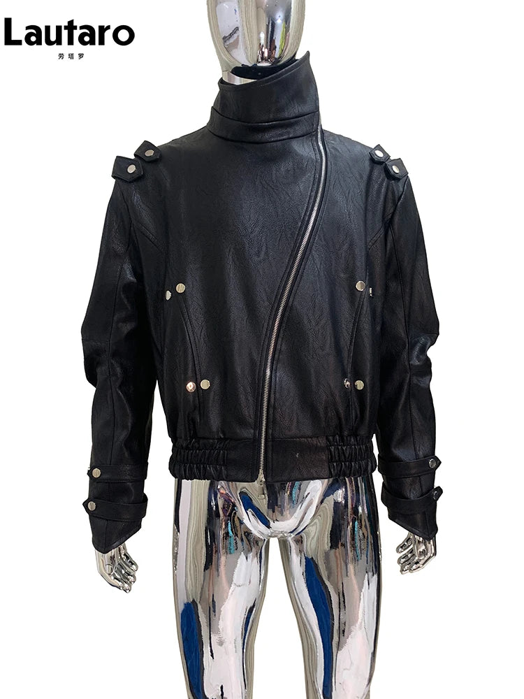 Mauroicardi Spring Autumn Cool Windproof Short Black Faux Leather Jacket Men Zipper Chic Luxury Designer Clothes Streetwear 2025 Black