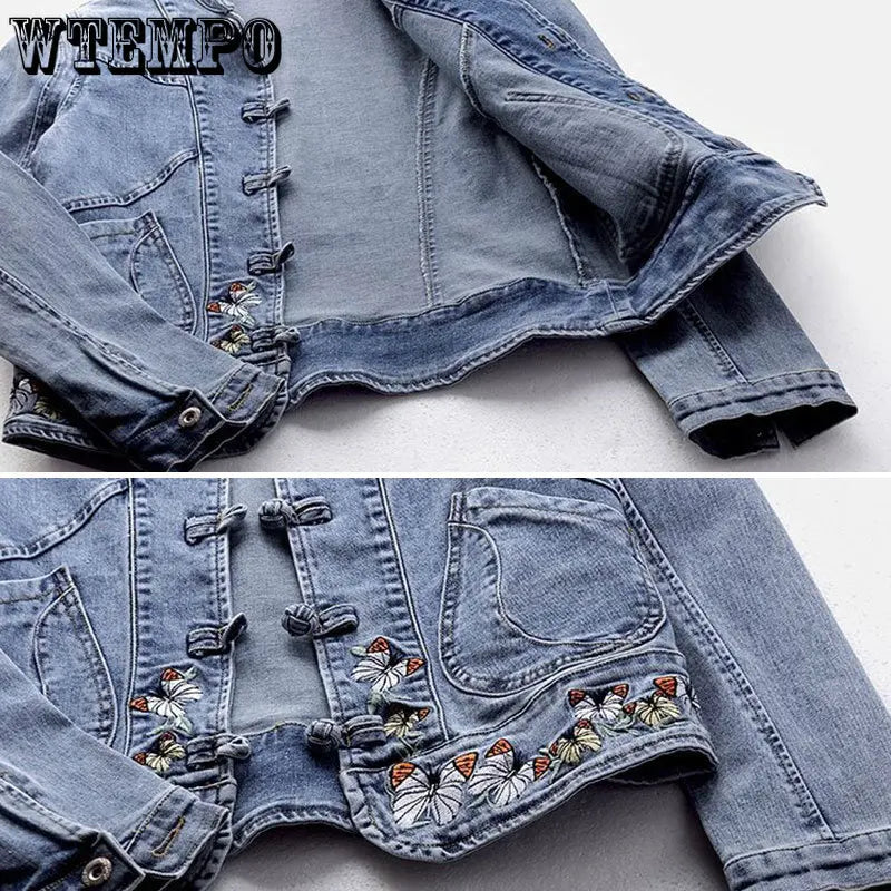 Short Denim Jacket Vintage Chinoiserie Embroidered Stretch Jacket Women's Spring and Autumn All Match Fashion Harajuku Slim Tops