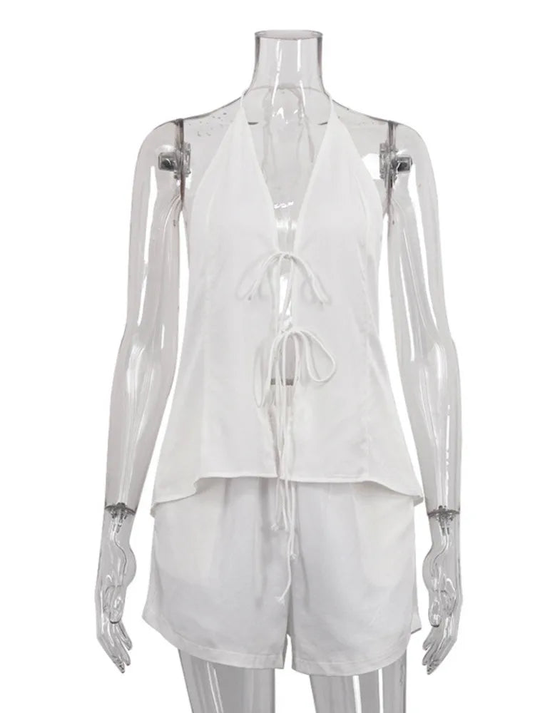 Lace-up Sexy Two Piece Set Women White Halter Cropped Tops And Shorts Female Two-piece Sleeveless Top High Waist Shorts