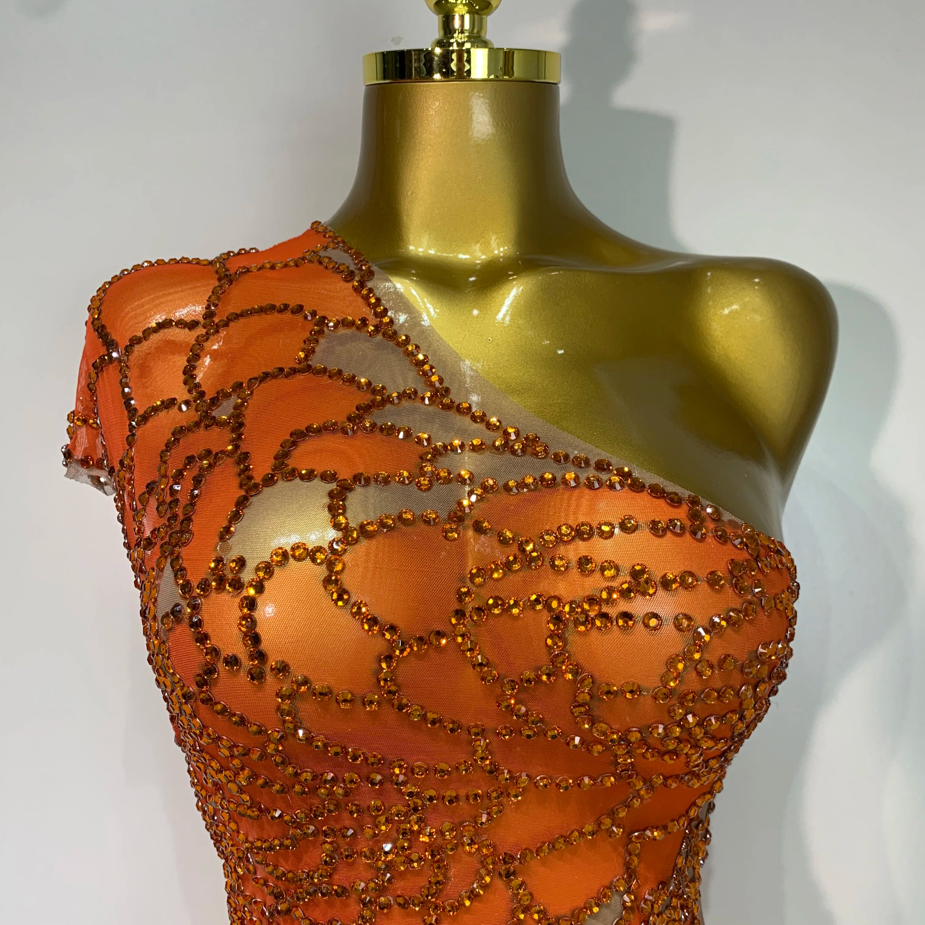 Women Sexy Mesh See Through One Shoulder Rhinestones Stage Costume Singer Nightclub Evening Party Luxury Birthday Mini Dresses