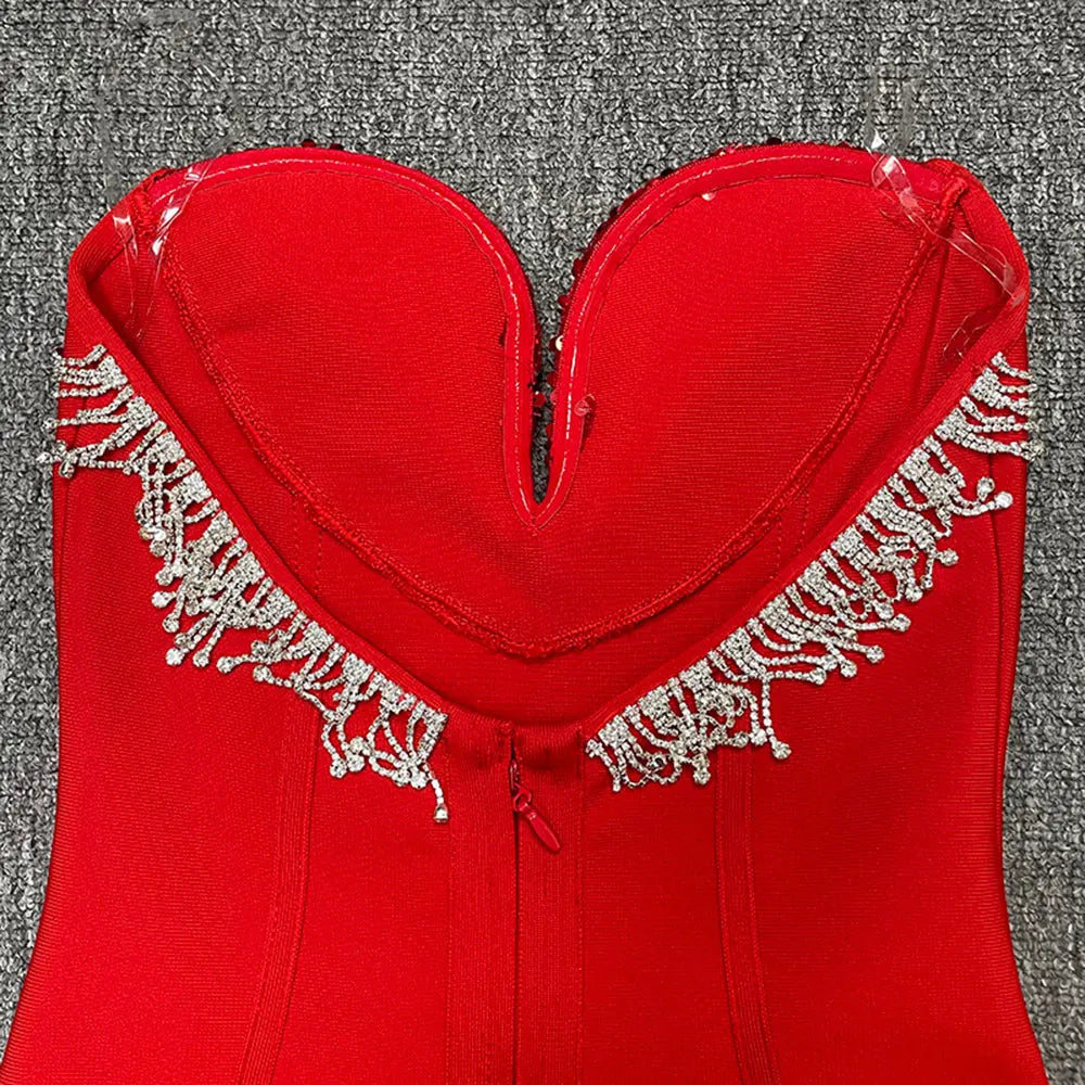 2024 Sexy Women'S Light Luxury Sequin Rhinestone Tassel Design Bandage Dress Strapless Sleeveless Bodycon Backless Midi Dresses