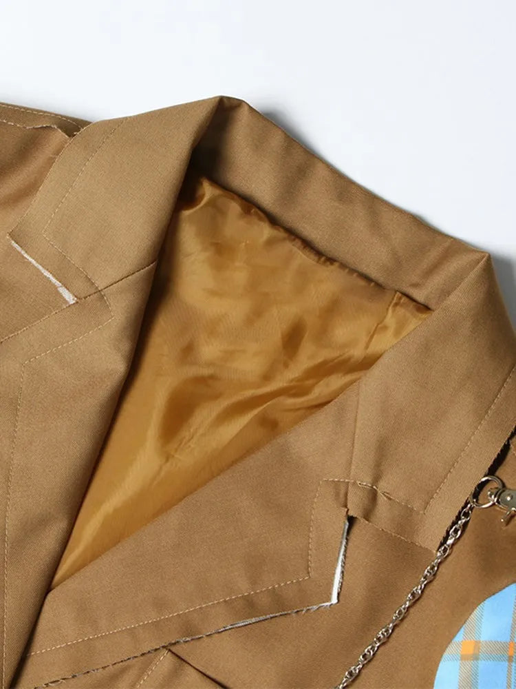 Colorblock Spliced Denim Blazers For Women Notched Collar Long Sleeve Patchwork Chain Chic Blazer Female Clothing