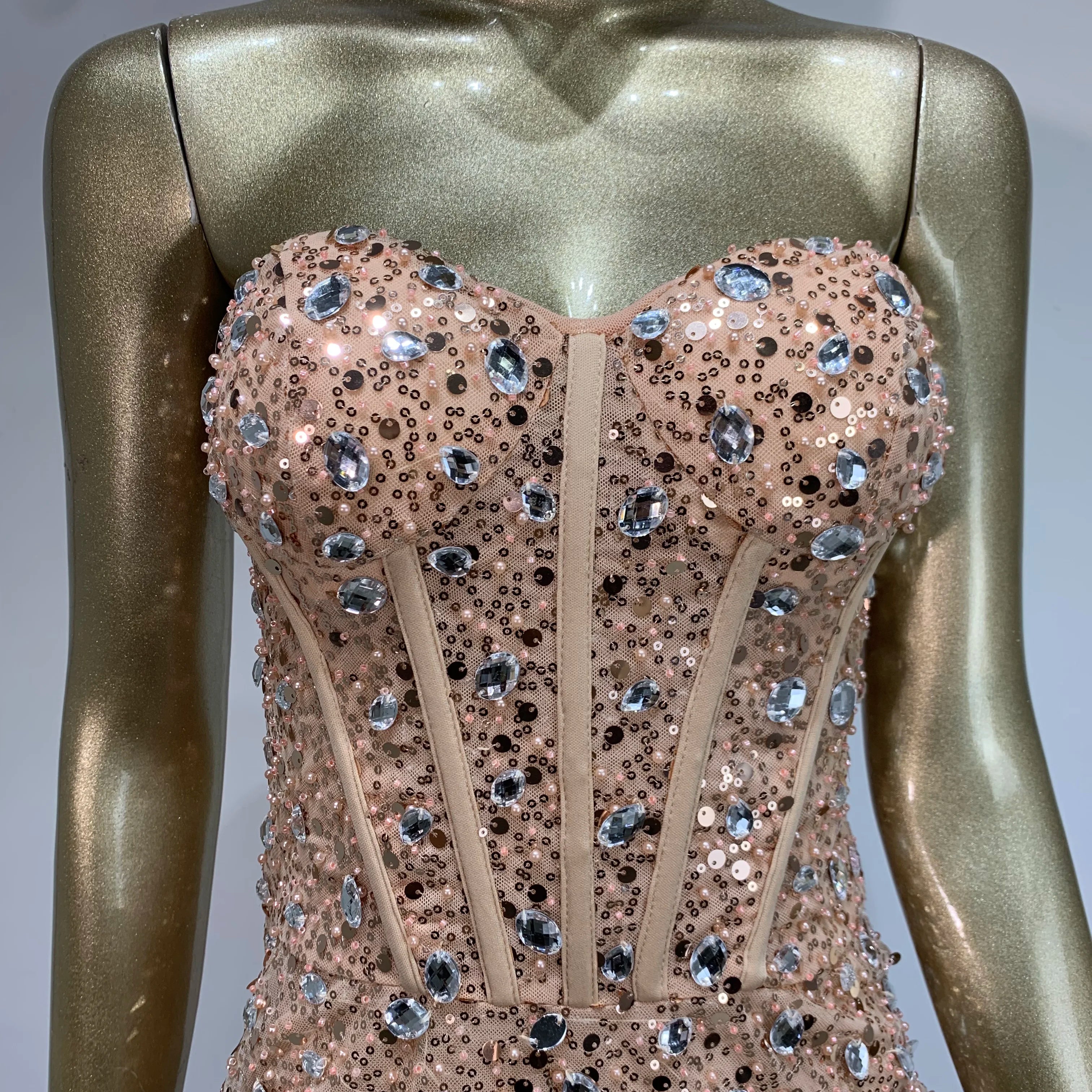 Summer Sexy Strapless Backless Mesh Sequins Diamonds Gold Mini Women Celebrity Dress 2024 Elegant Party Evening Club Vestido