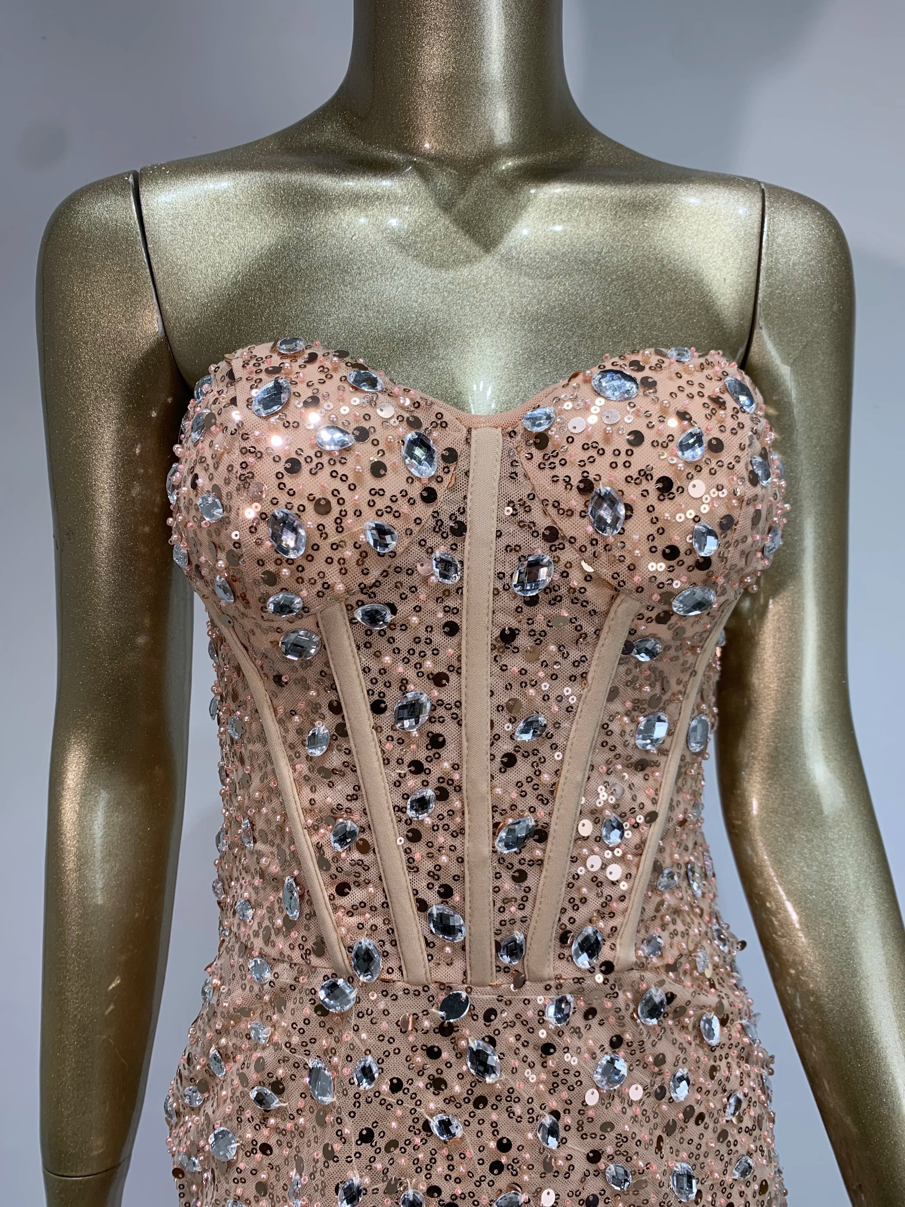 Summer Sexy Strapless Backless Mesh Sequins Diamonds Gold Mini Women Celebrity Dress 2024 Elegant Party Evening Club Vestido