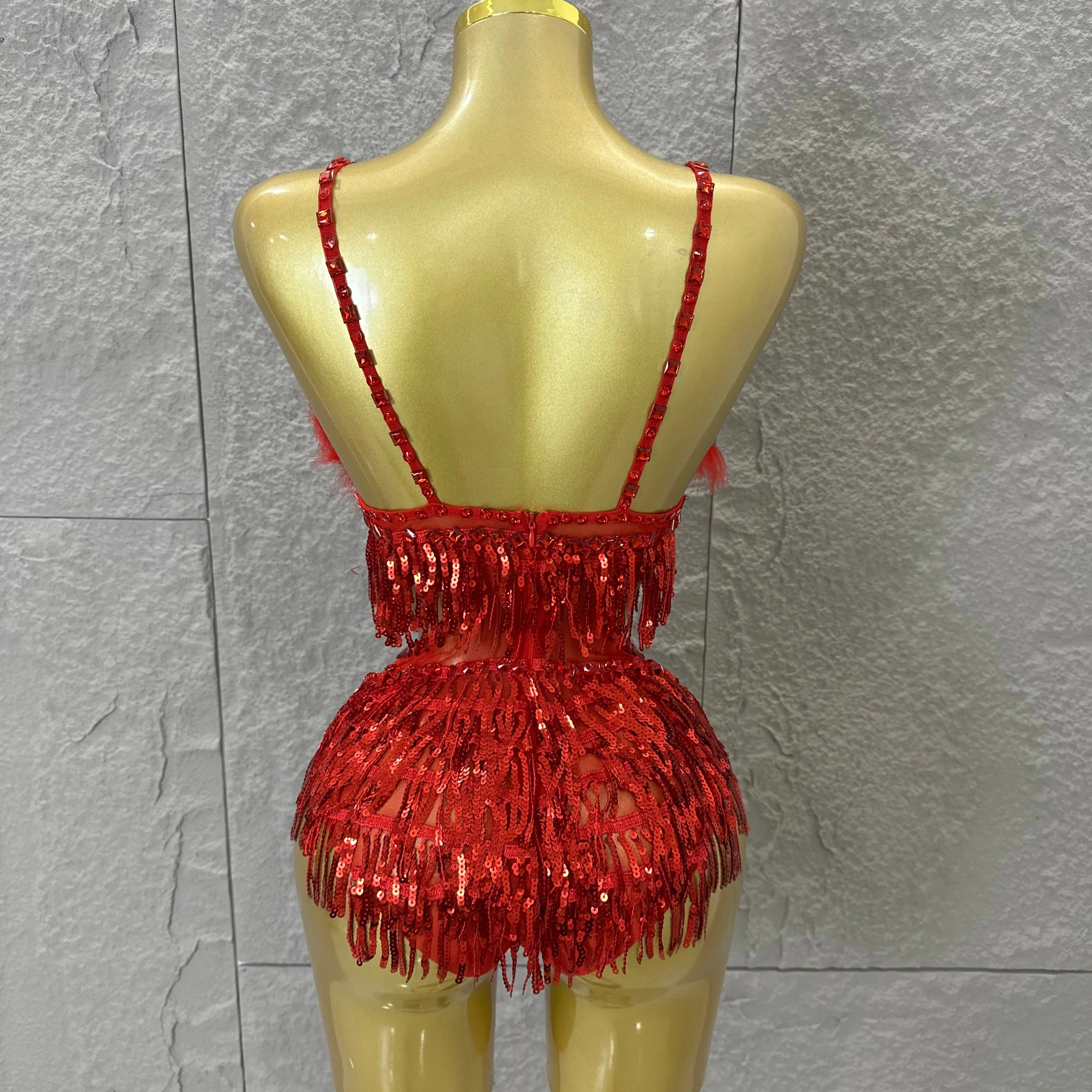 Luxurious Sheer Mesh Bodysuit Women Sexy Crystal Embellished Feather Fringe Trim Spaghetti Strap Outfit Stage Performance Outfit