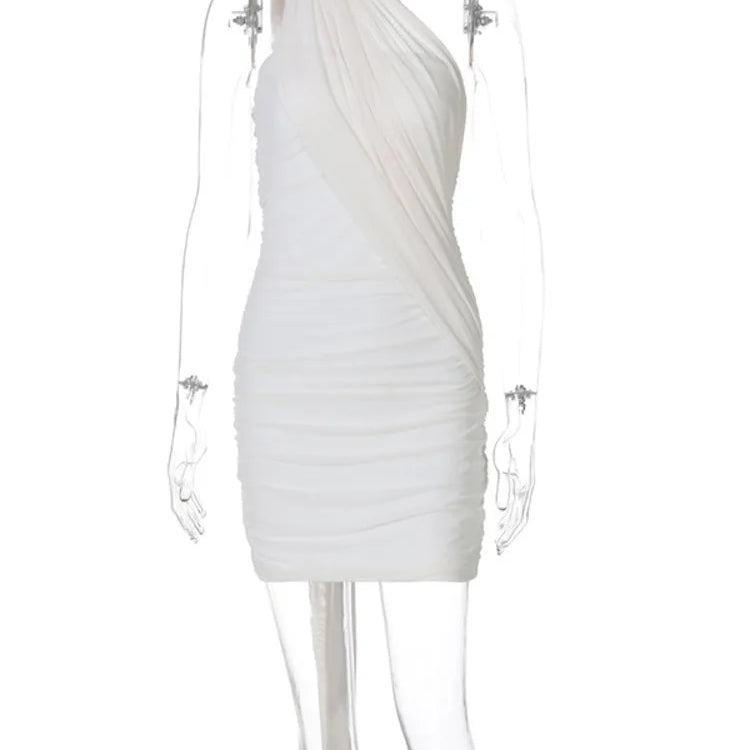 Mozision Mesh Strapless Backless Sexy Mini Dress For Women Robe Fashion Off-shoulder Sleeveless Ruched Bodycon Club Dress