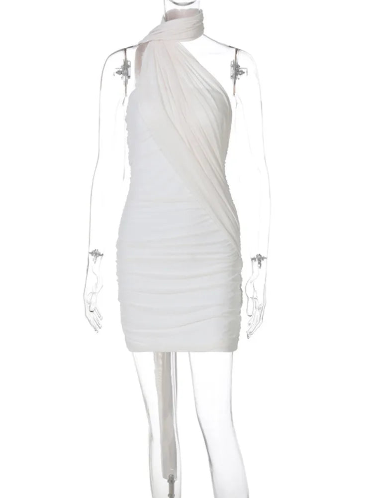 Mozision Mesh Strapless Backless Sexy Mini Dress For Women Robe Fashion Off-shoulder Sleeveless Ruched Bodycon Club Dress