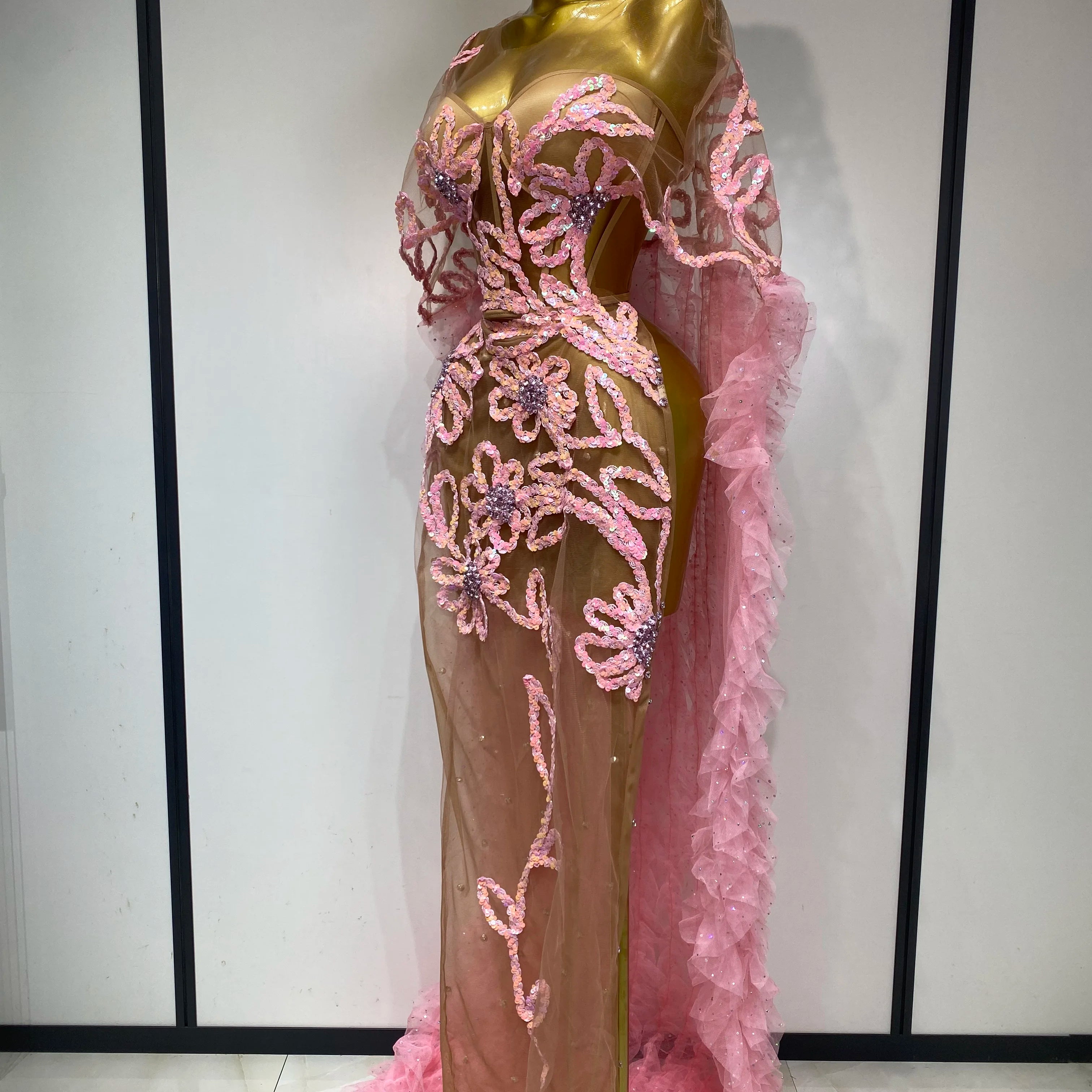 Women Sexy Mesh See Through Sequins Pink Maxi Long Dress Sparkly Sequin Evening Party Costume Stage Performance Birthday Dress