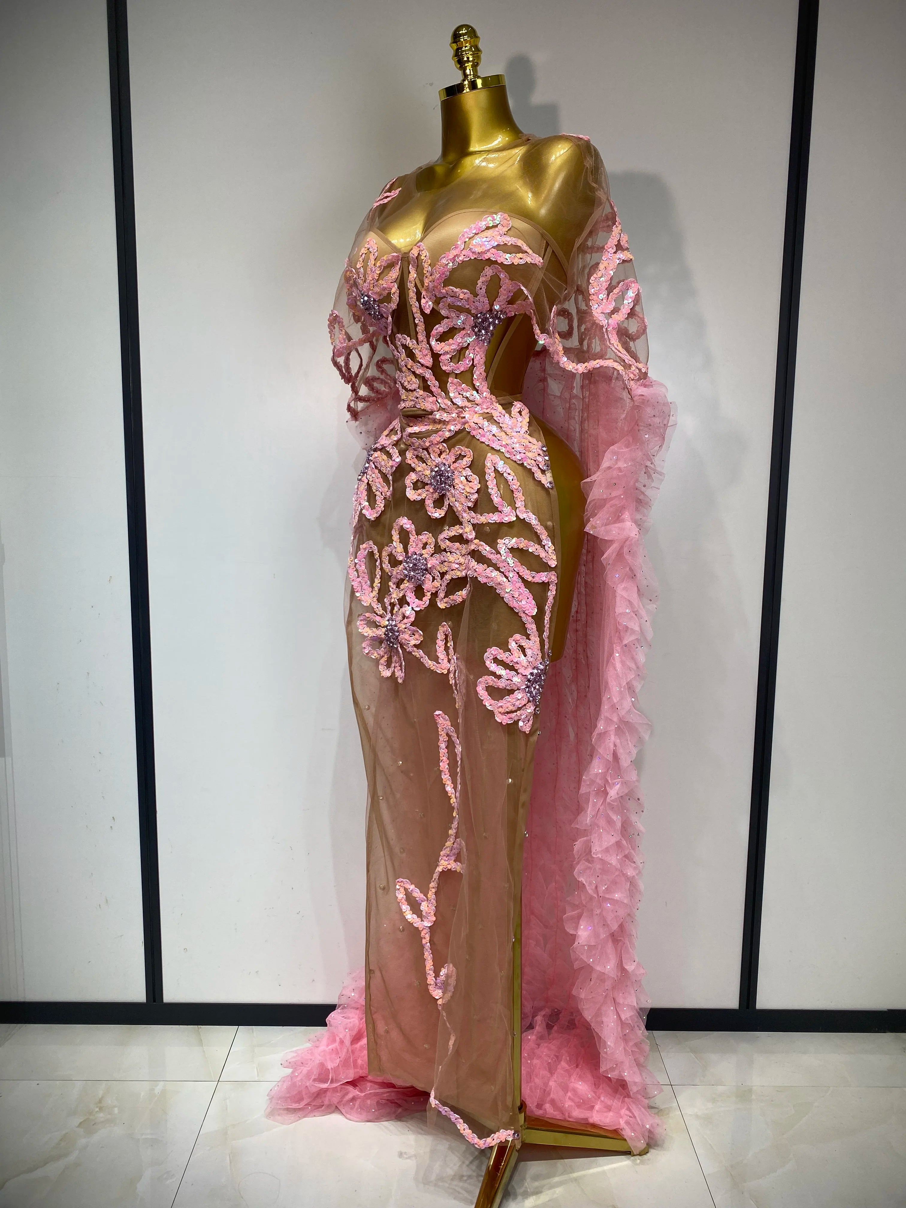 Women Sexy Mesh See Through Sequins Pink Maxi Long Dress Sparkly Sequin Evening Party Costume Stage Performance Birthday Dress