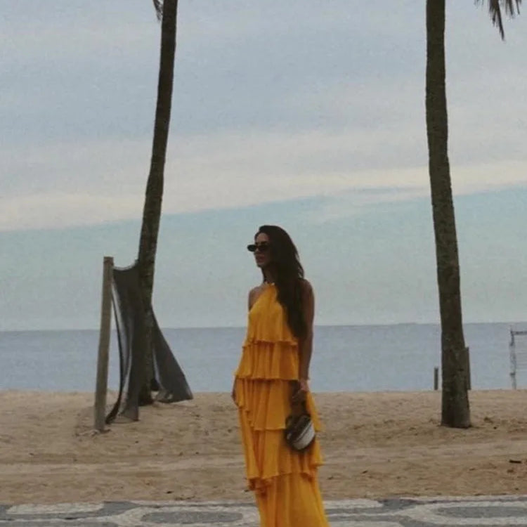 Fashion Ruffles Hem Long Dress For Women Elegant Halter Backless Sleeveless Vestidos Female New Vacation Beach Party Robes