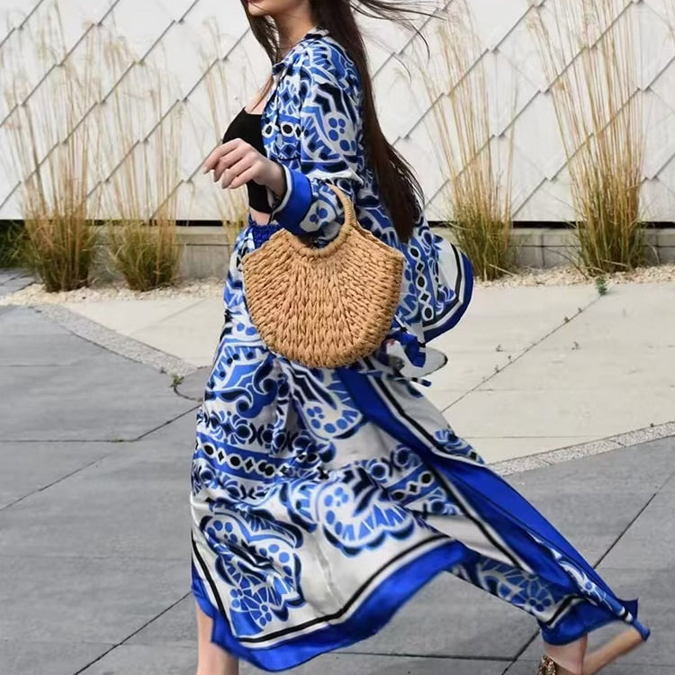 Woman Shirts Pants Sets 2024 New Summer Geometric Print Loose Long sleeved Shirts Fashion Elastic Waist Wide Leg Pants Outfits