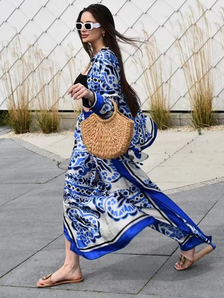 Woman Shirts Pants Sets 2024 New Summer Geometric Print Loose Long sleeved Shirts Fashion Elastic Waist Wide Leg Pants Outfits