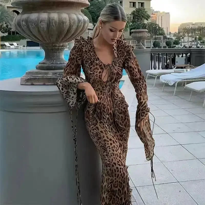 Leopard Ruffle Split Dress Women Spring Summer Sexy Lace Up V Neck Long Sleeve Bodycon Maxi Dresses Female Party Club Vestidos Leopard