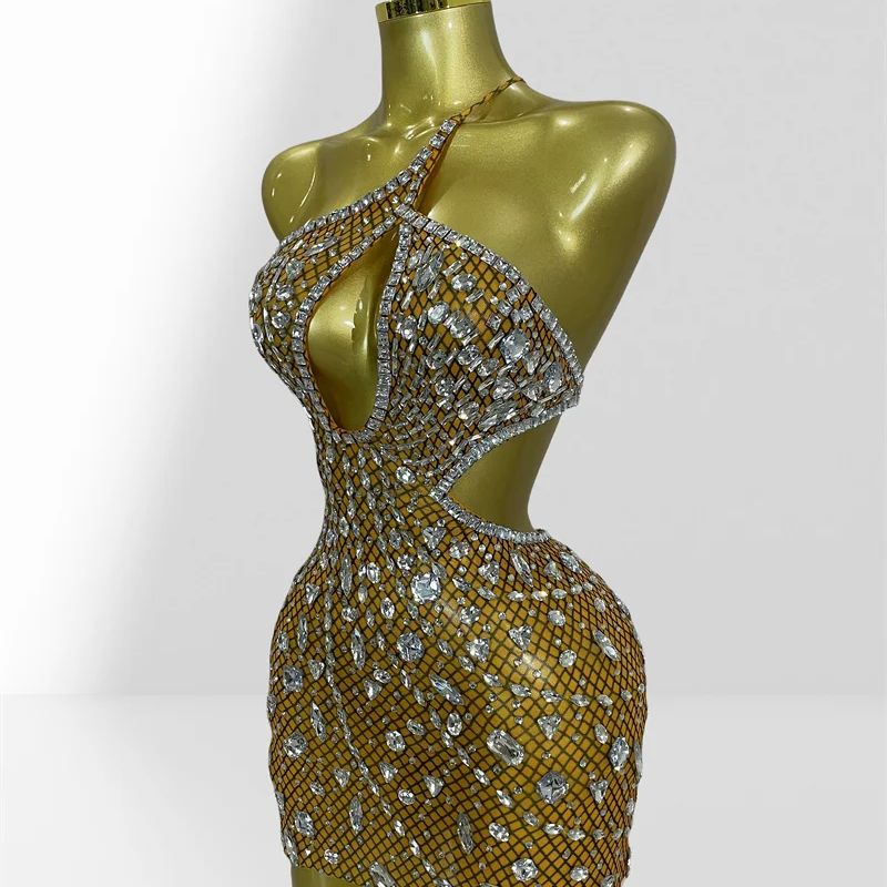 Sparkling Diamonds Sexy Hollow Out Blackless Mesh See Through Mini Dress Fashion Woman Evening Party Dress Birthday Party Outfit