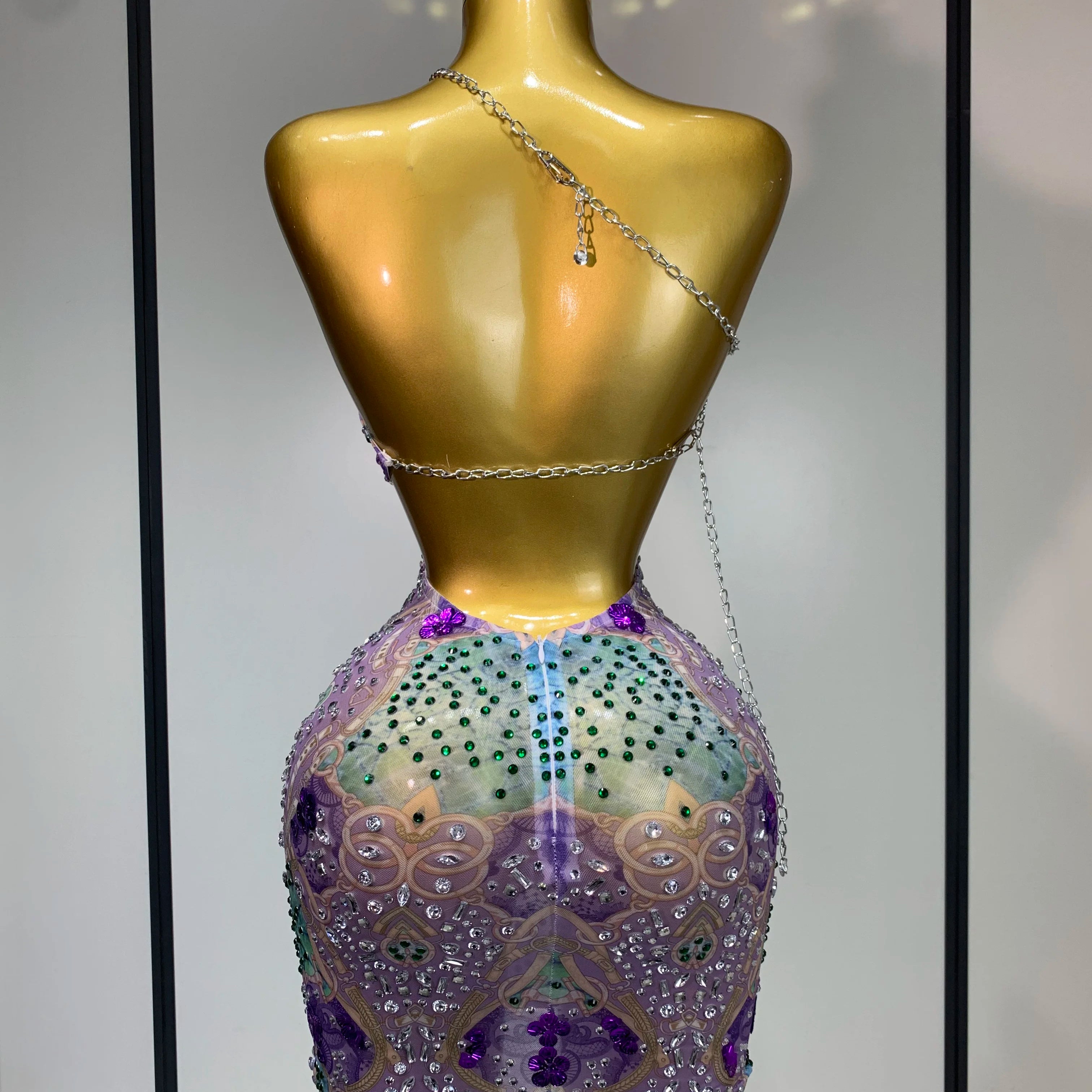 Sprakly Rhinestones Women Sexy Mesh See Through Hollow Out Mini Dress Luxury Birthday Birthday Photo Shoot Performance Costume