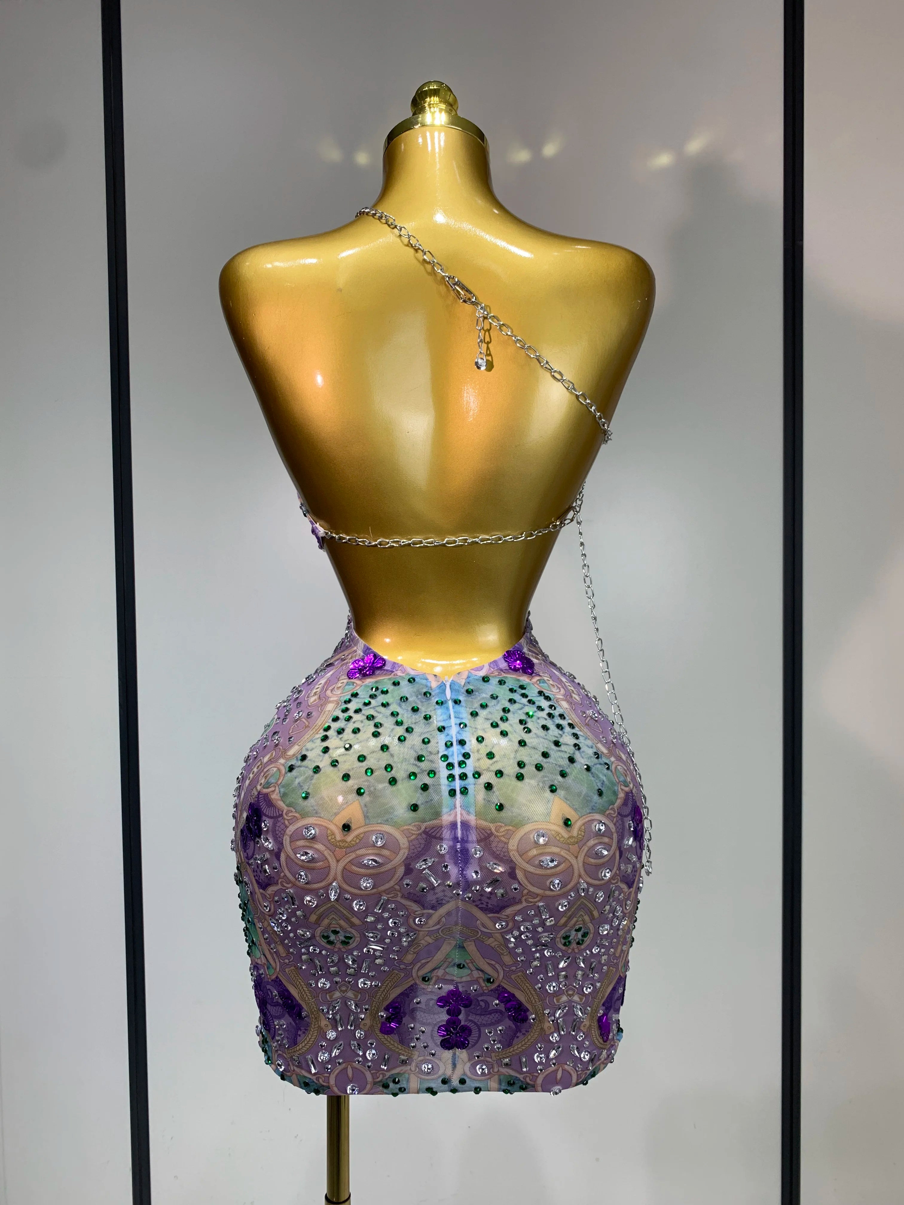 Sprakly Rhinestones Women Sexy Mesh See Through Hollow Out Mini Dress Luxury Birthday Birthday Photo Shoot Performance Costume