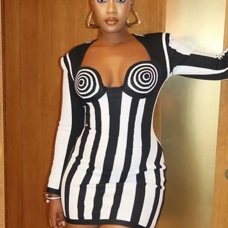 Square Collar Color Block Bodycon Short Dress For Women Long Sleeves Striped Mini Bodycon Cocktail Club Party Dress