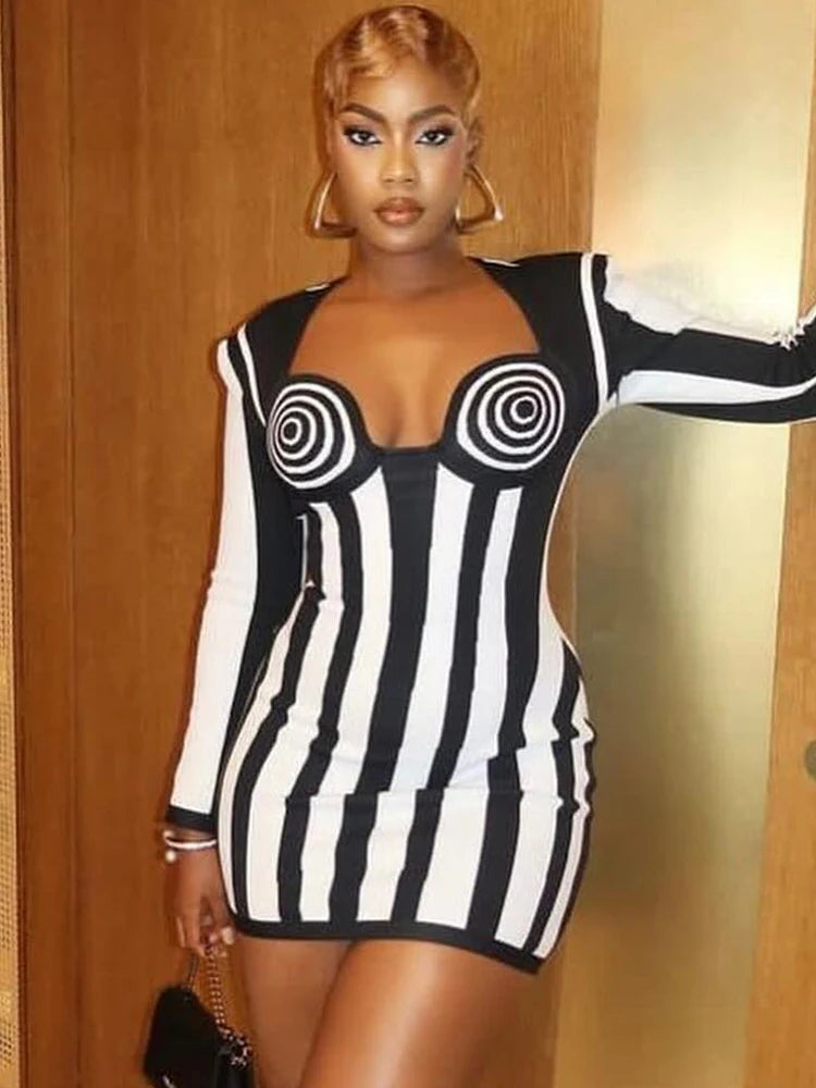 Square Collar Color Block Bodycon Short Dress For Women Long Sleeves Striped Mini Bodycon Cocktail Club Party Dress