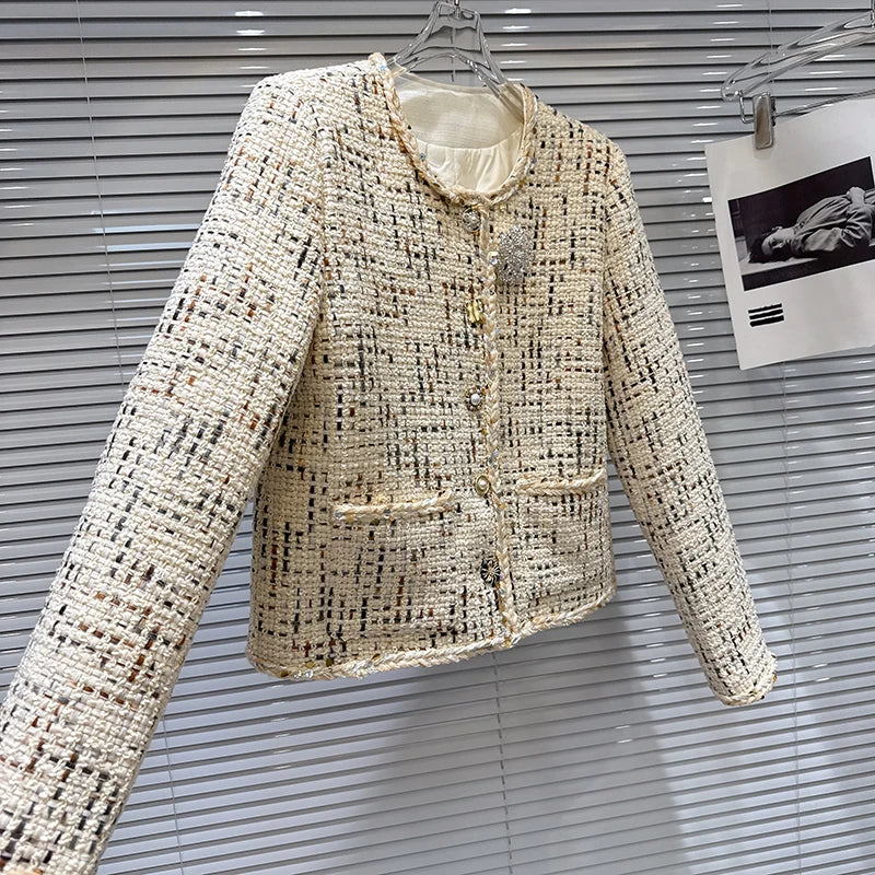 Winter New Fashion Rhinestone Brooch Knitted Tweed Cotton Jacket For Women Elegant Short Coat Female Trendy 11A07869