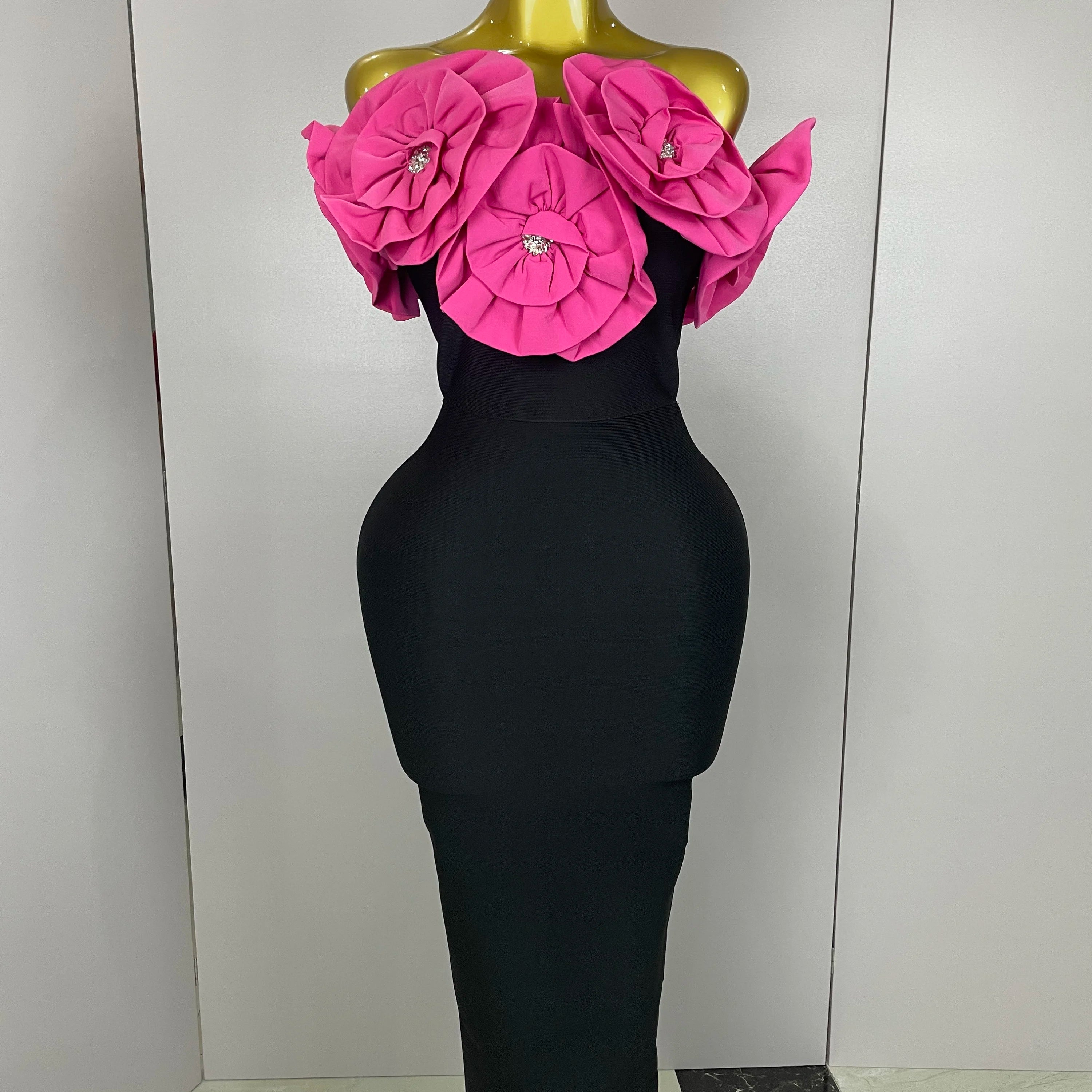 New Stereoscopic Red Flowers Sexy Off The Shoulder Ankle Lenght Bandage Dress Woman Birthday Party Vestido Wedding Party Outfit Rose Red