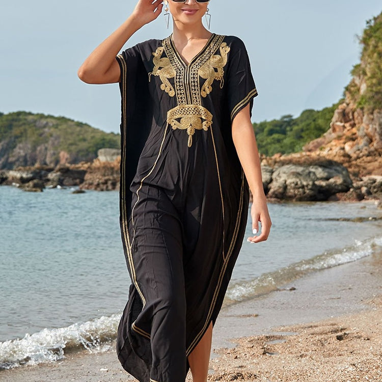 Robe De Plage Embroidery Beach Cover Up Sarong Women Beach Pareo Tunic For Beach Swimwear Color 01 One Size
