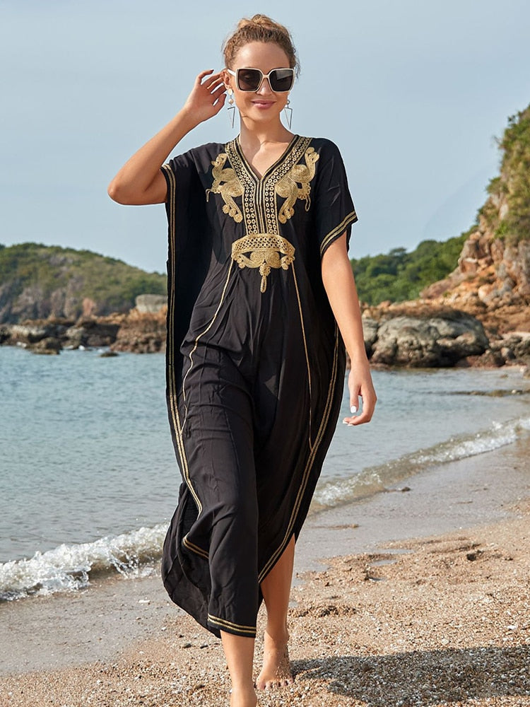 Robe De Plage Embroidery Beach Cover Up Sarong Women Beach Pareo Tunic For Beach Swimwear Color 01 One Size