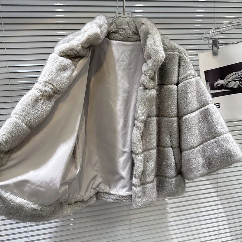 Winter New Fashion Versatile Stand Collar Faux Fur Shawl Coat For Women High Quality Solid Color Top Female 11A07758