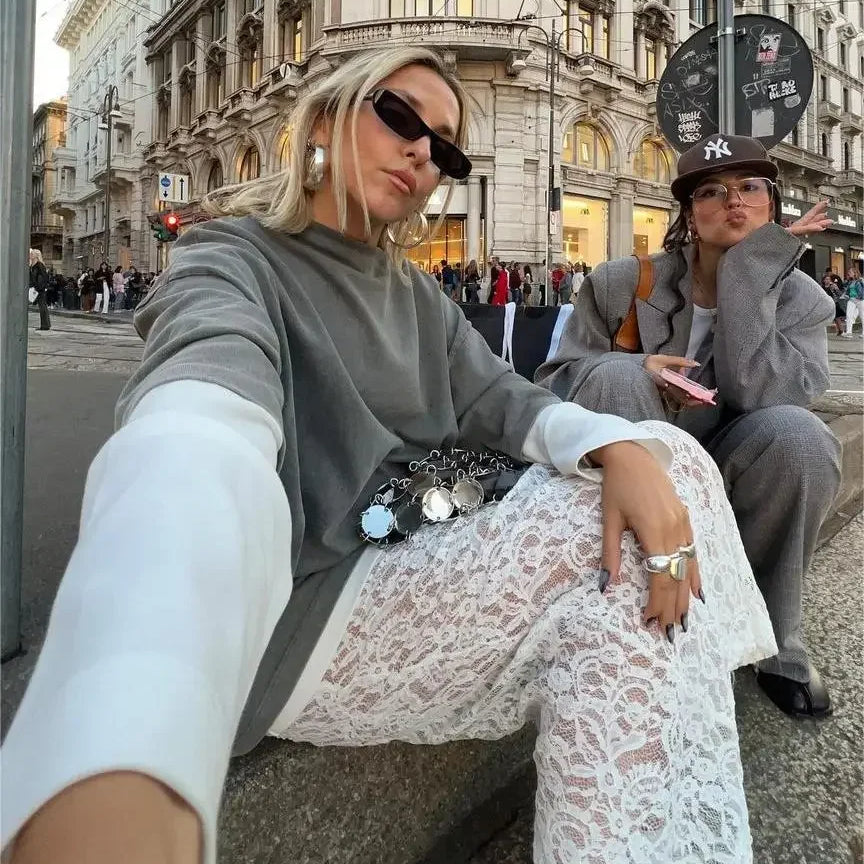 DSMTRC Woman Summer New A-Line Maxi Skirt High Waist Female Sexy Perspective White Lace Jacquard Vacation Beach Style Skirt