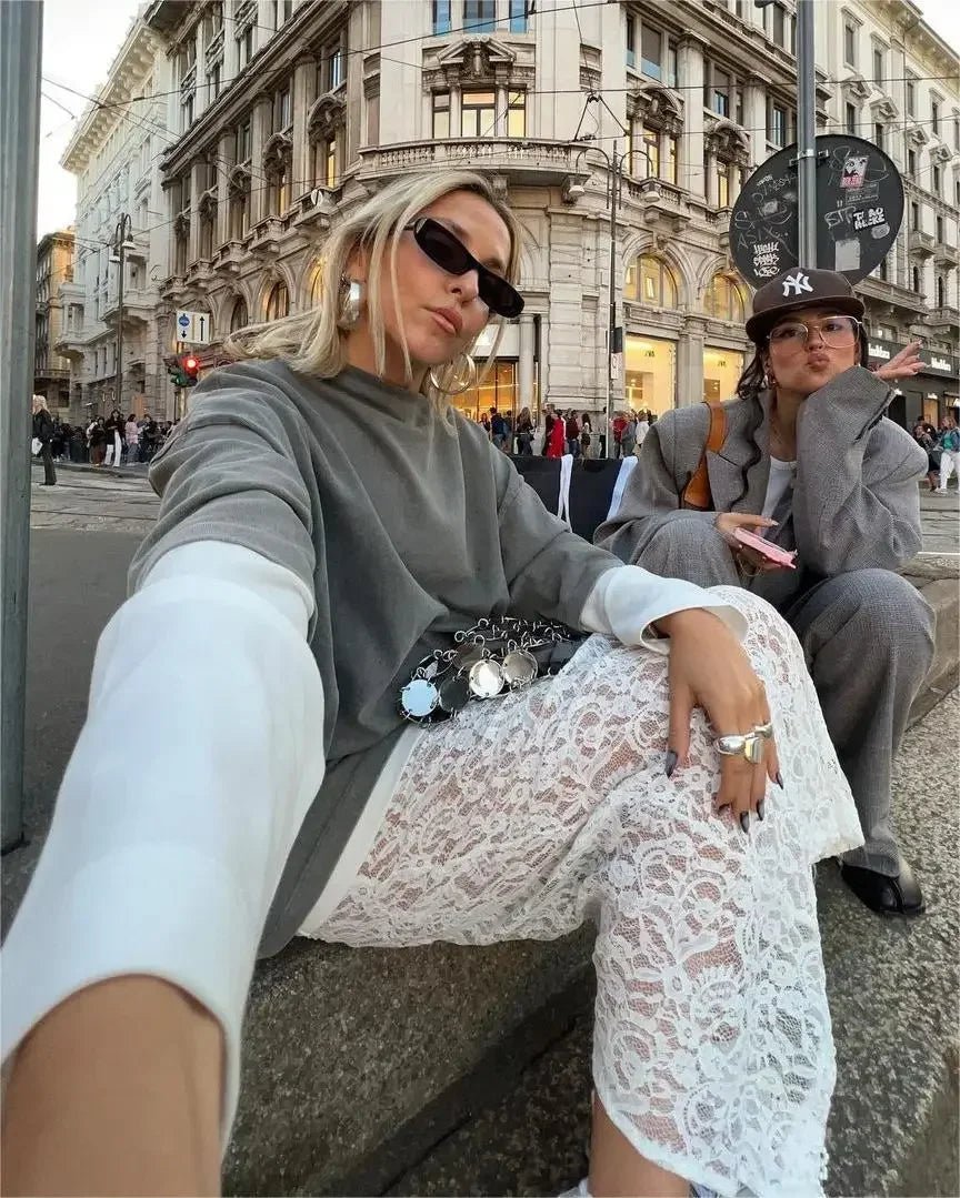 DSMTRC Woman Summer New A-Line Maxi Skirt High Waist Female Sexy Perspective White Lace Jacquard Vacation Beach Style Skirt