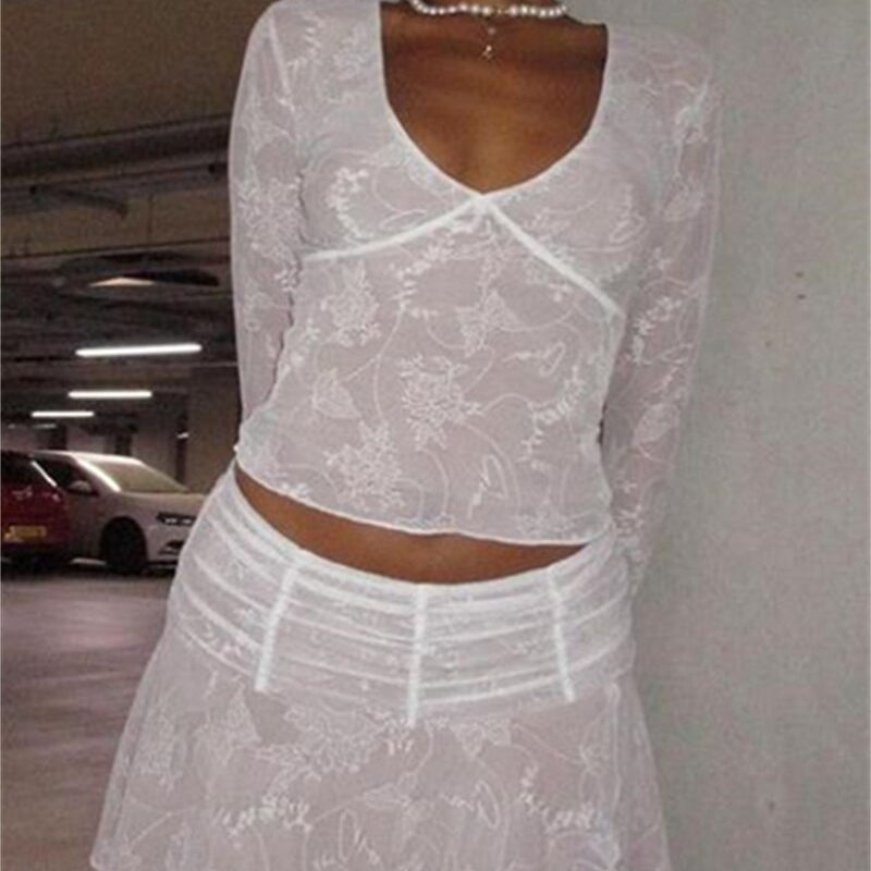 Y2K 2 Piece Mini Skirt Sets Sexy Mesh Sheer Lace Ruffle Outfits V Neck Beach Suits 2024 Summer Night Clubwear