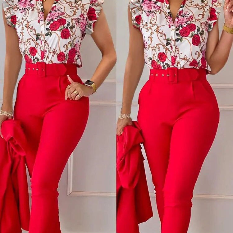 Spring Summer Women's New Printed Lotus Leaf Sleeveless Shirt Suit Slim Femal Office Solid Color Long Pants Belt Two Piece Set Red