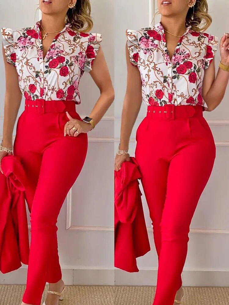 Spring Summer Women's New Printed Lotus Leaf Sleeveless Shirt Suit Slim Femal Office Solid Color Long Pants Belt Two Piece Set Red