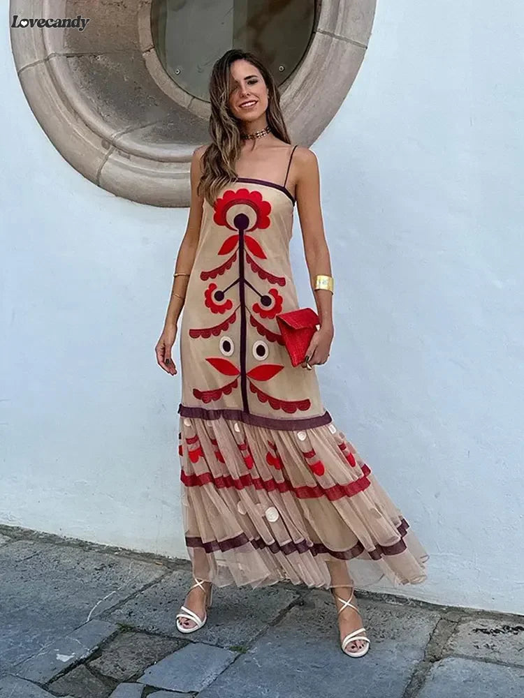 Elegant Print Mesh Ruffles Long Dress For Women Chic Spaghetti Strap Sleeveless Backless Vestidos Lady Holiday Party Robe