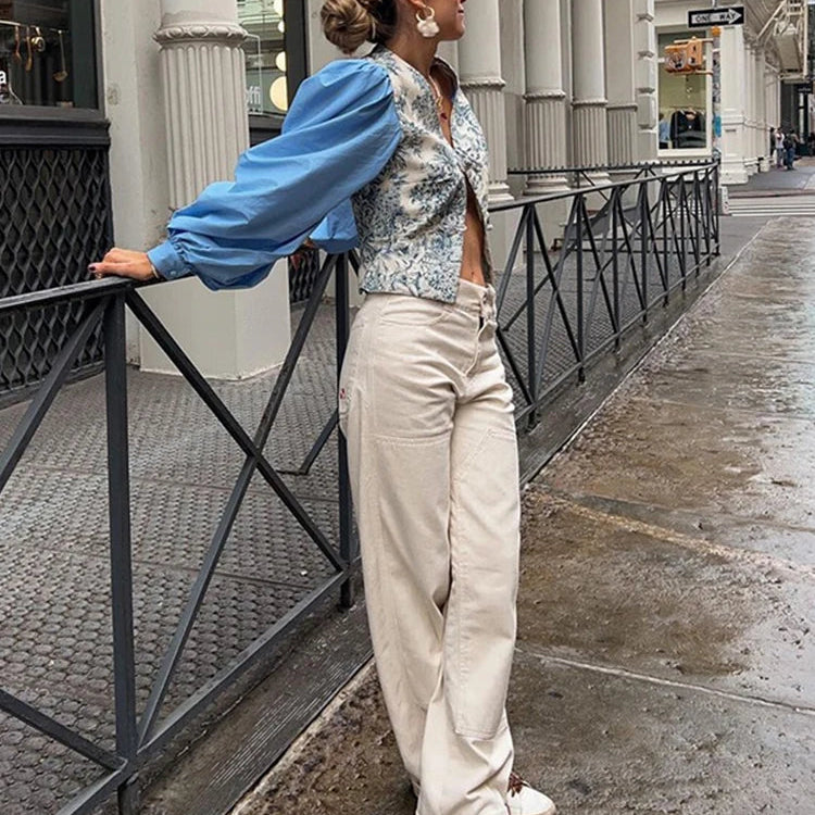 Fashion Print Lantern Sleeve Shirt Women Loose Buttons V-neck Split Female Top Summer Lady Patchwork Blue Streetwear