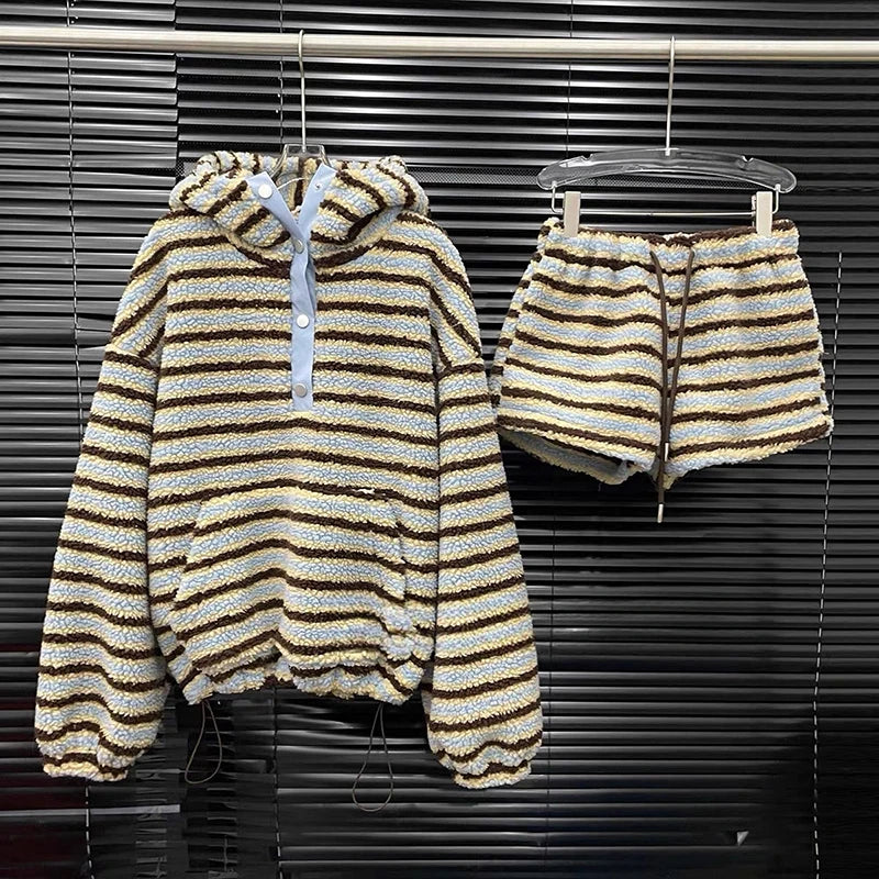 Autumn Winter New Plush Striped Two-pieces Set For Women Warm Thickened Hooded Sweatshirt Casual Shorts 11A07889 Picture Color