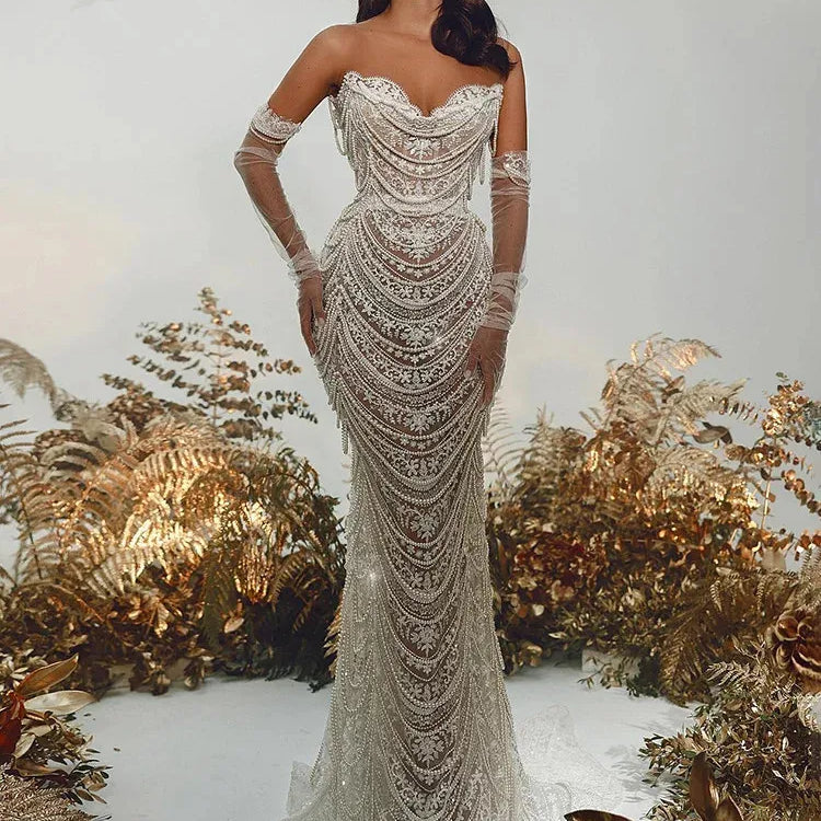 Women Luxury Sexy Strapless Backless Pearl Sequins Maxi Long Gowns Dress 2024 Elegant Evening Party Club Dress Vestido Silver