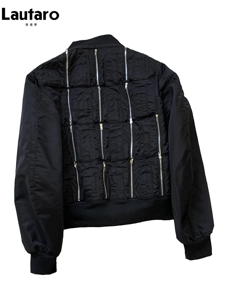 Lautaro Autumn Winter Black Short Warm Bomber Jacket Men with Back Many Zippers Luxury Designer Heavy Industry Emo Clothes 2025